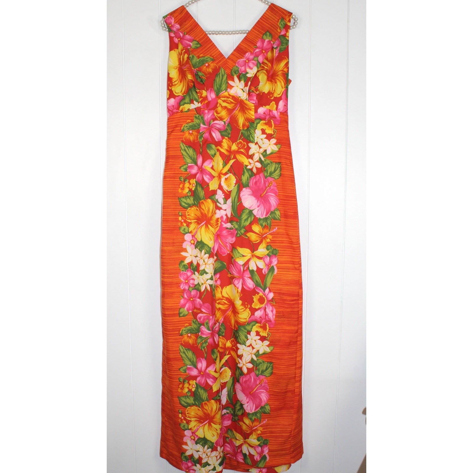 VTG Liberty House Hawaii Maxi Length Floral/Orange Dress V Neck Back Zipper 10