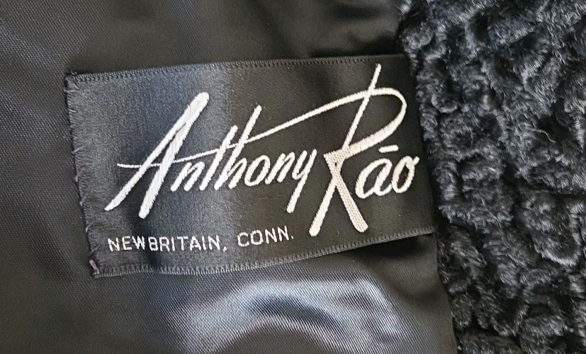 Vtg Anthony Rao Coat M Black Curly Lambs Wool w Real Fur Collar 50s 3/4 Sleeve