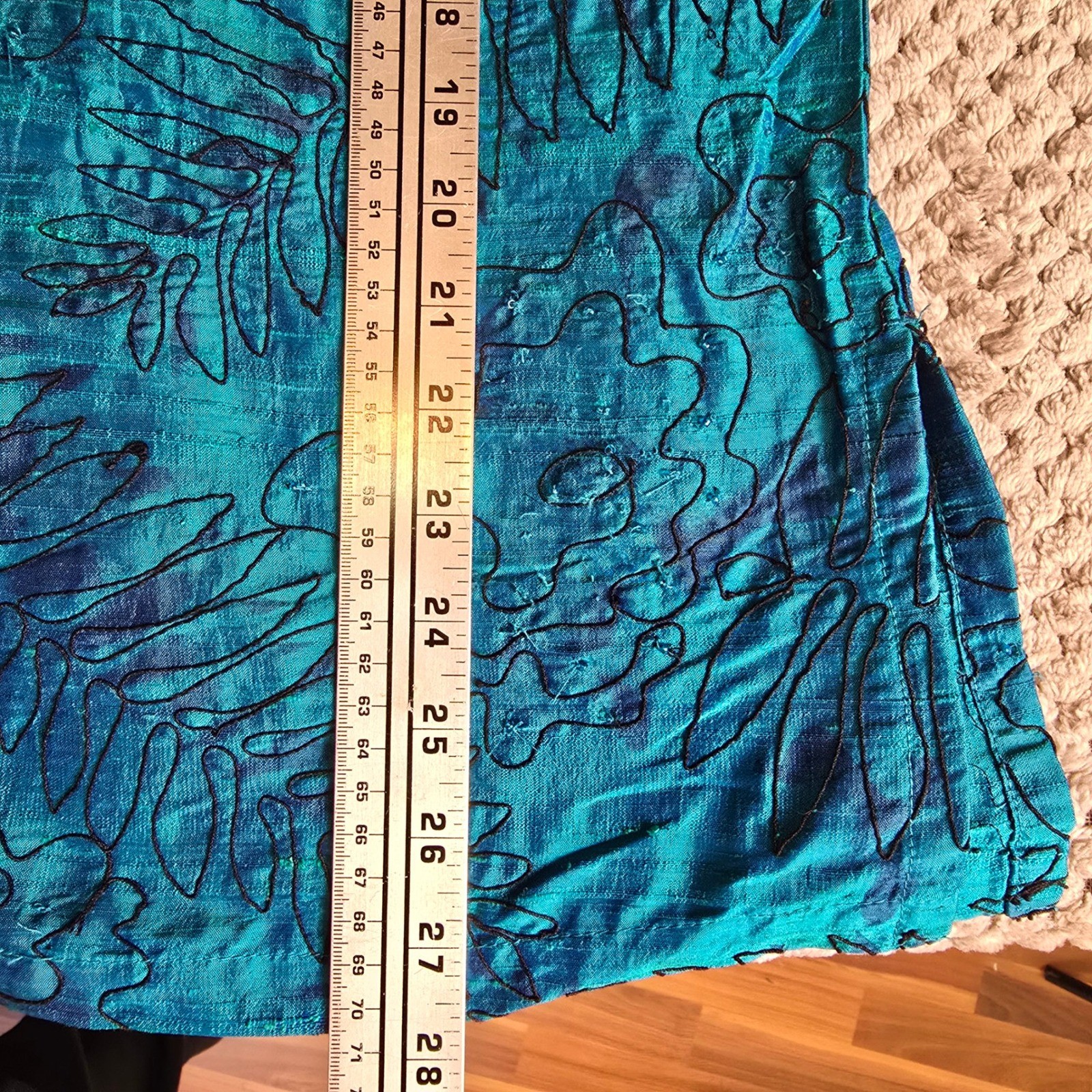 Vintage Chico’s Design 100% Silk Beaded Floral Shirt Teal Blue Boho Size 3