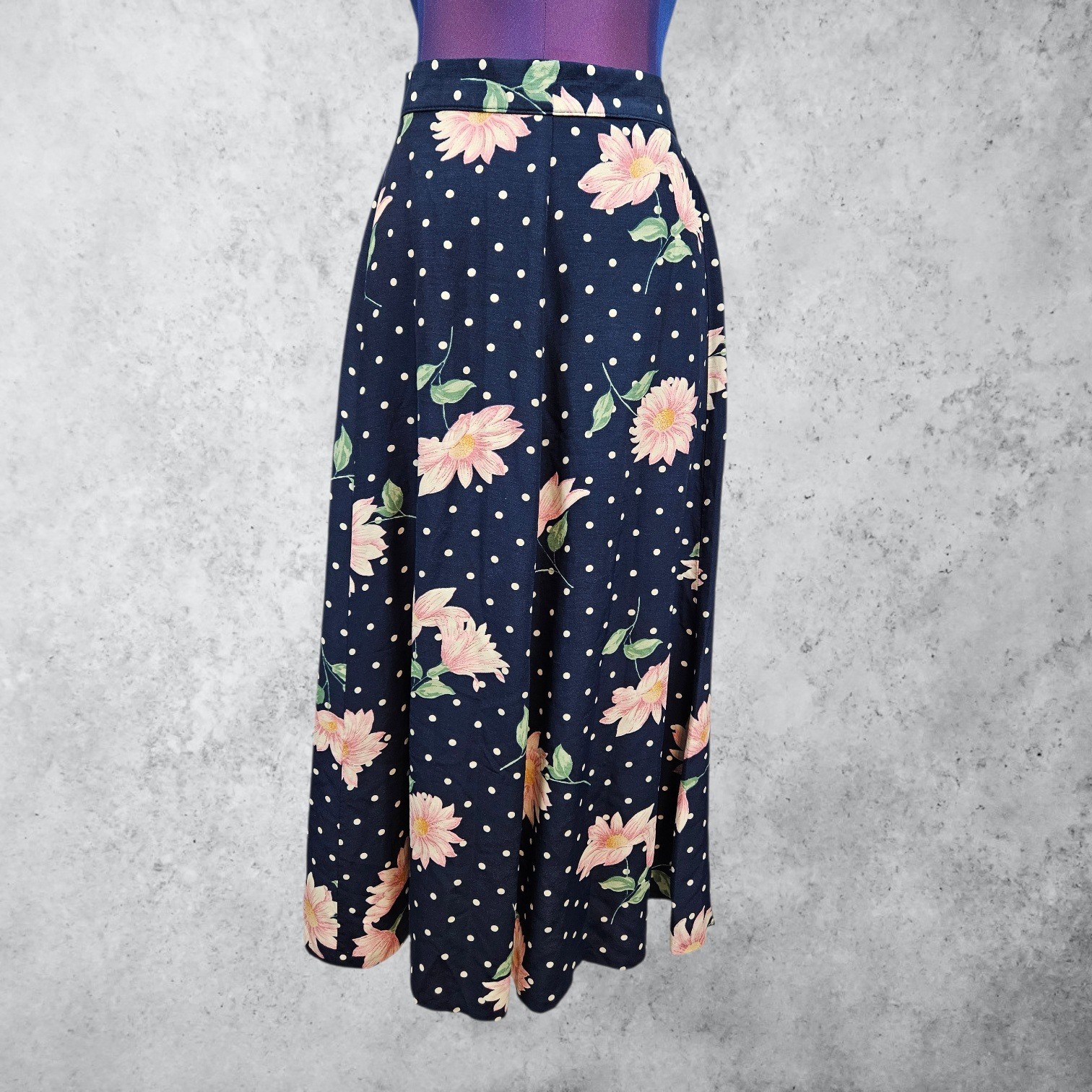 Southern Lady Navy Polka Dot Floral Maxi Skirt Vintage Made in USA Large P40