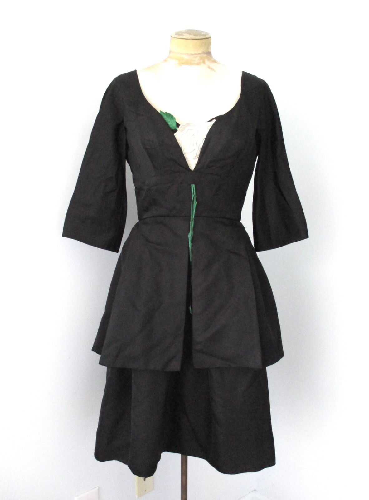 Vtg 40s Edith Small black satin taffeta dress inner bustier layered bustle S