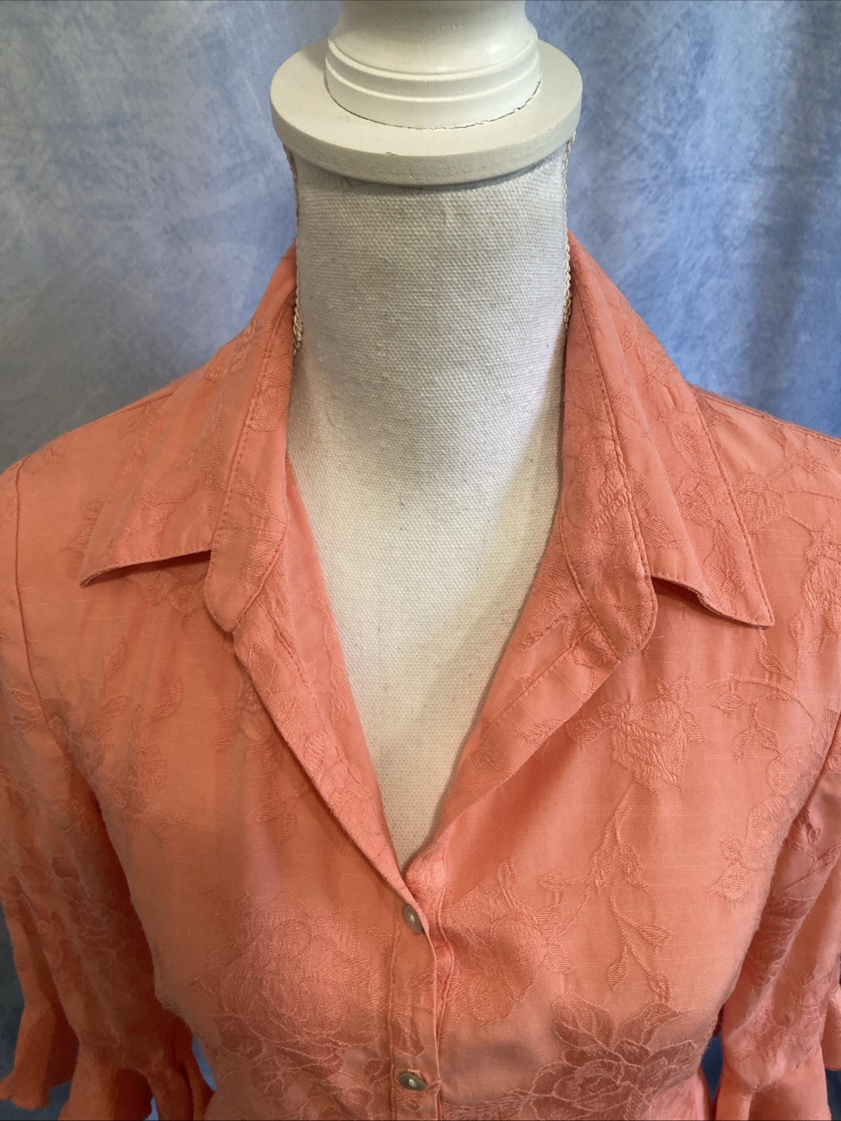 Vtg 90s Y2K Dressbarn Coral Jacquard Blouse S Ruffle 3/4 Sleeve Floral Button Up