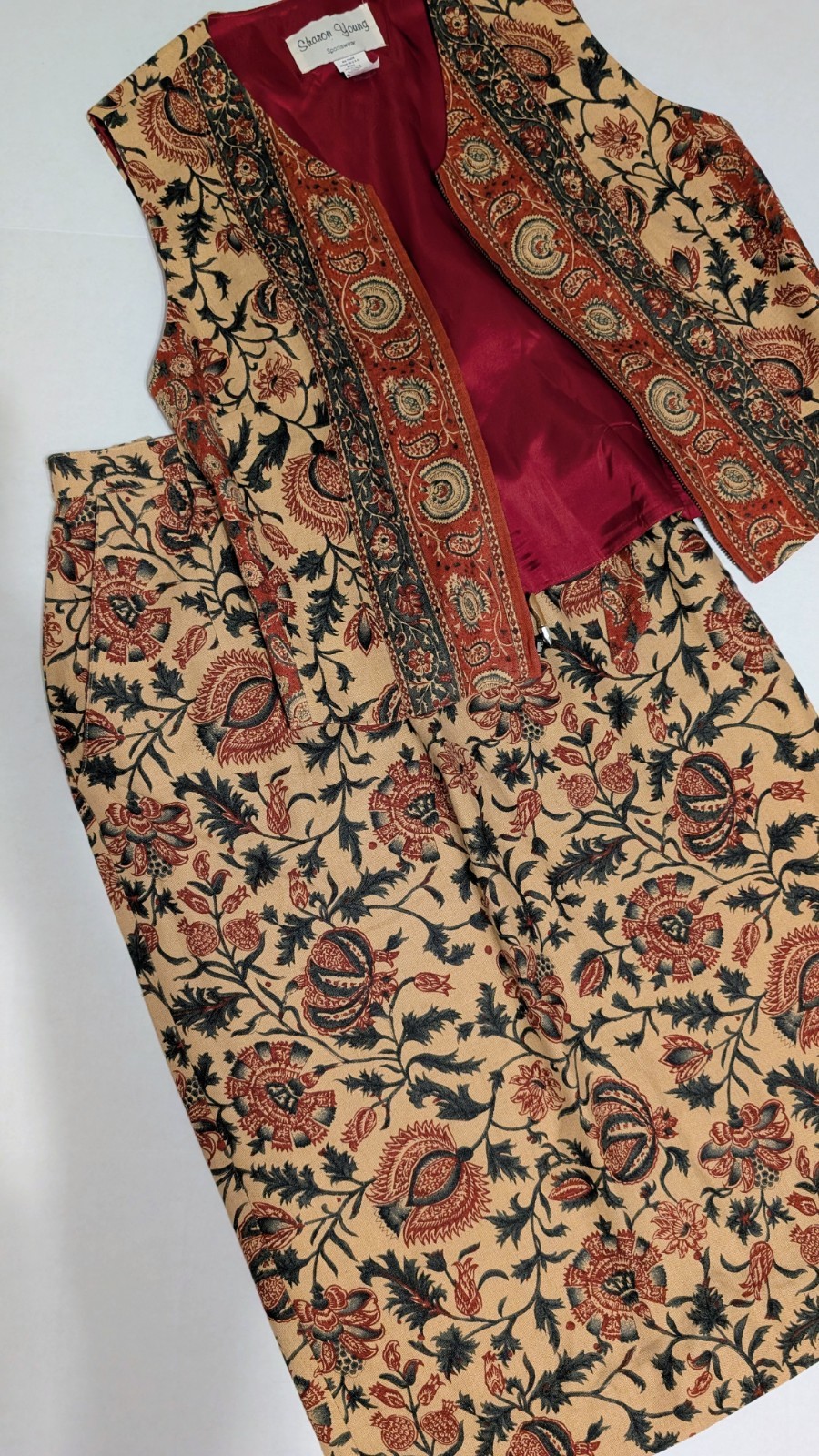 Vintage 90’s Sharon Young Folk Bohemian Artsy Midi Skirt Vest Set Women’s Small
