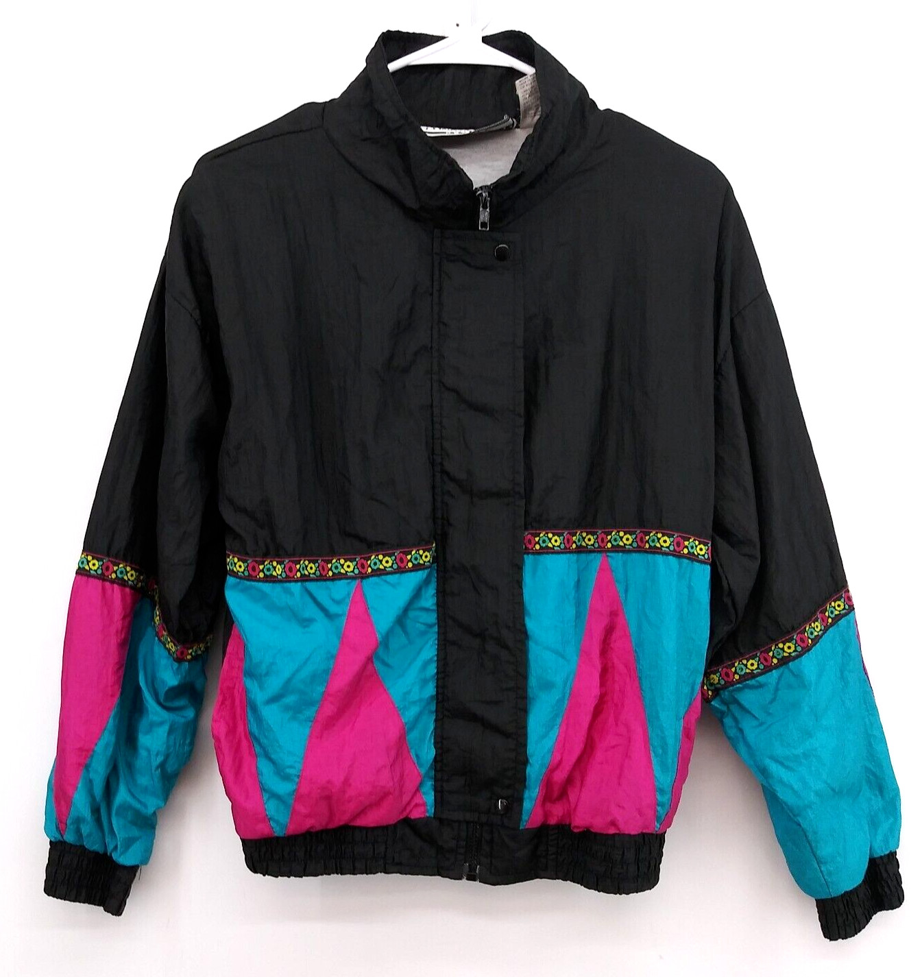 Longstreet Petite Windbreaker Jacket Womens PM Black Pink Teal Zipped Vintage