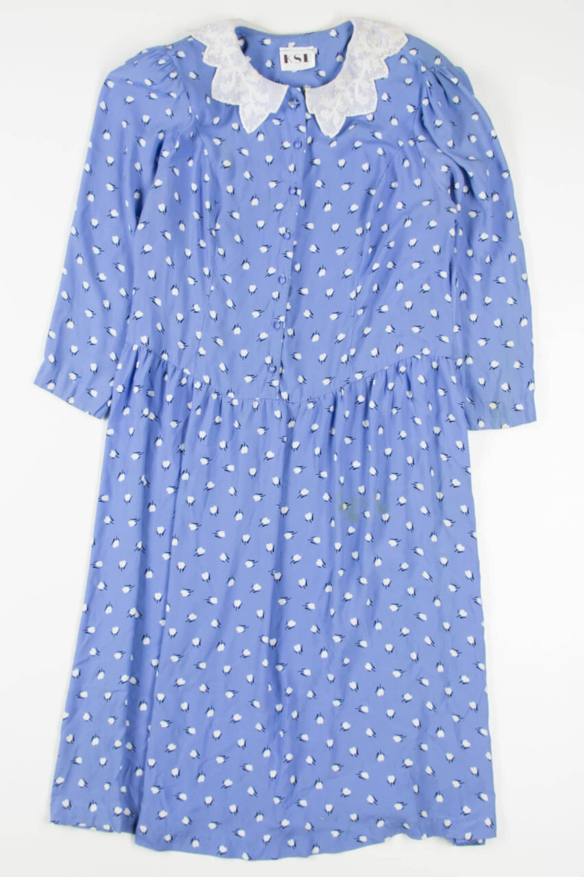 Vintage KSL X-Large Periwinkle Tulip Dress with Lace Collar Blue