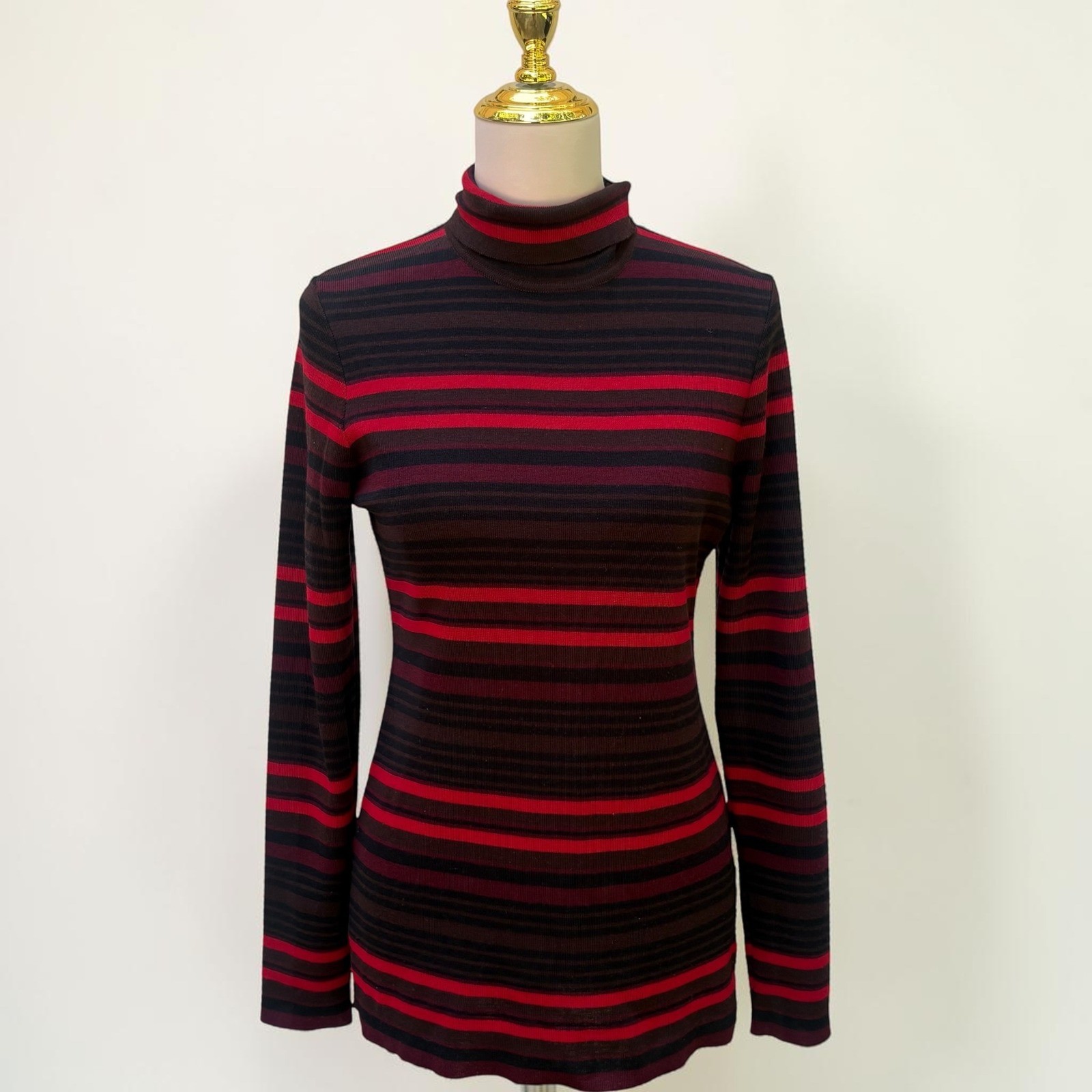 VTG Henri Bendel Sweater Turtleneck L Red Brown Striped Extrafine Merino Wool