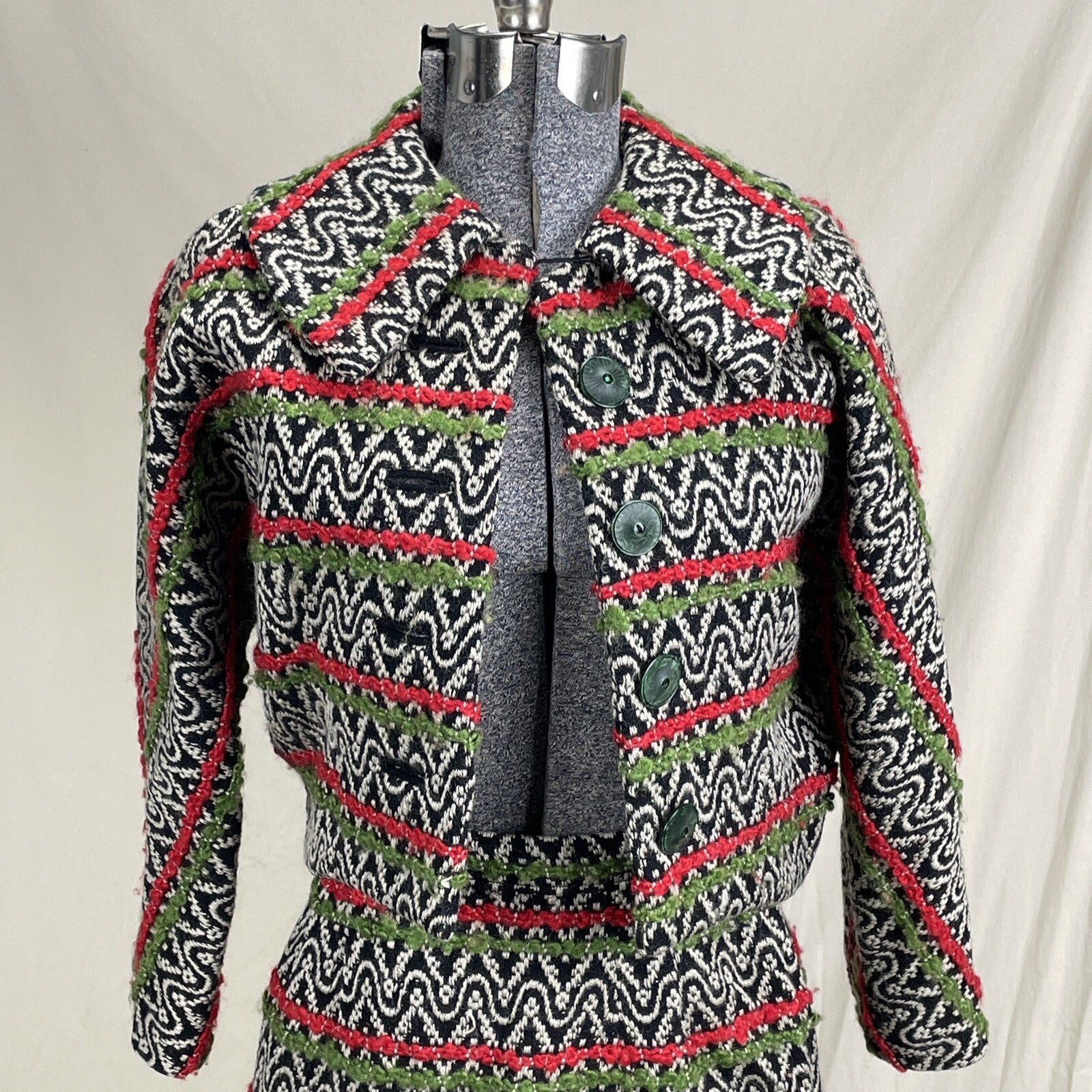 Vintage 60s Handmade Boucle Suit XXS Cropped Jacket Skirt Green Red Black