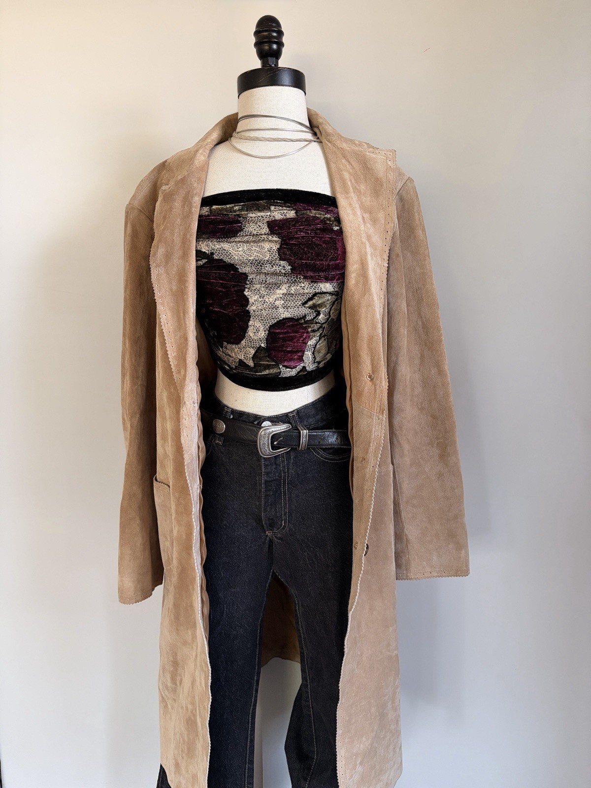 Vintage 80s Margaret Godfrey Tan Suede Leather Long Coat Women’s Size 14 Boho