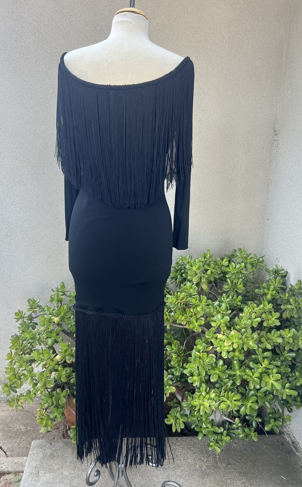 Vtg Maxi Dress Black Long Fringe Jersey Sz 8 Small By Jill Richards