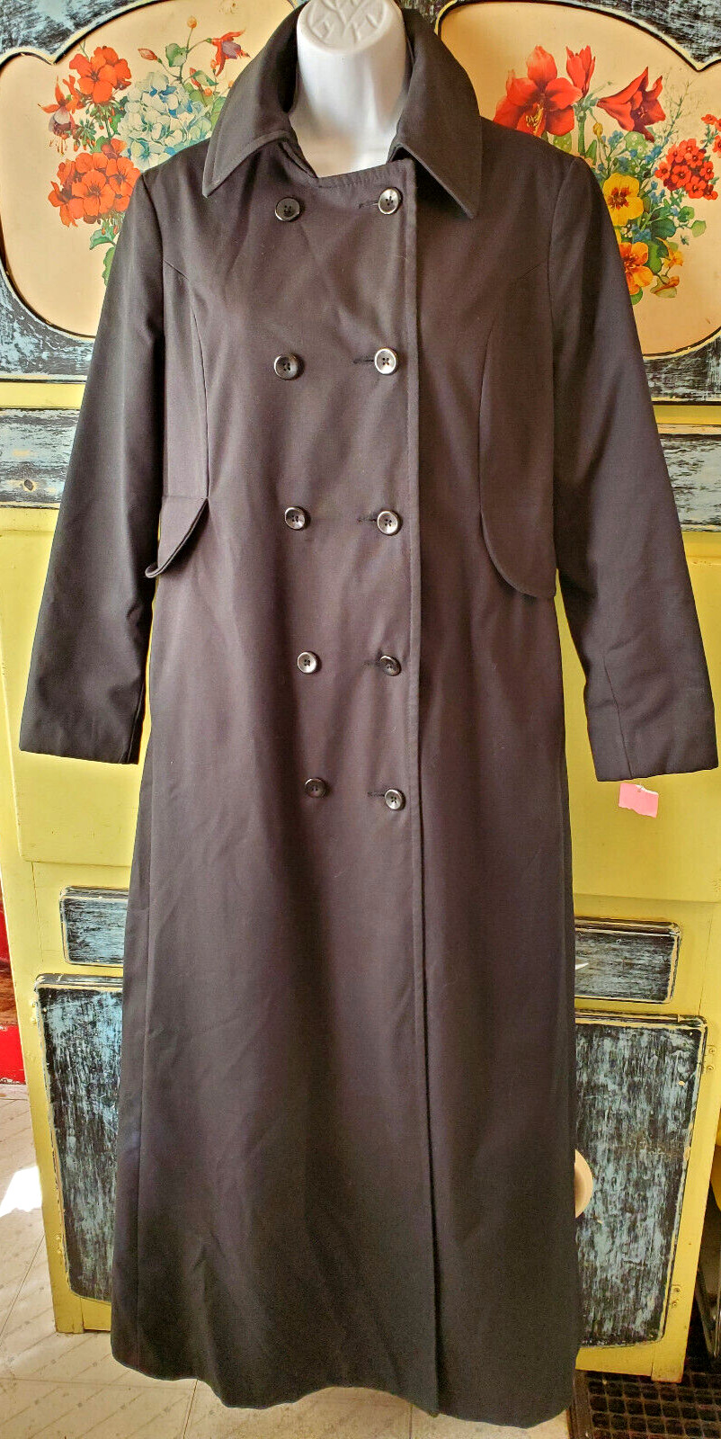 Wow! NOS Vintage 70s Maxi-Length Black Double Breasted Trench Rain Coat Fits 10