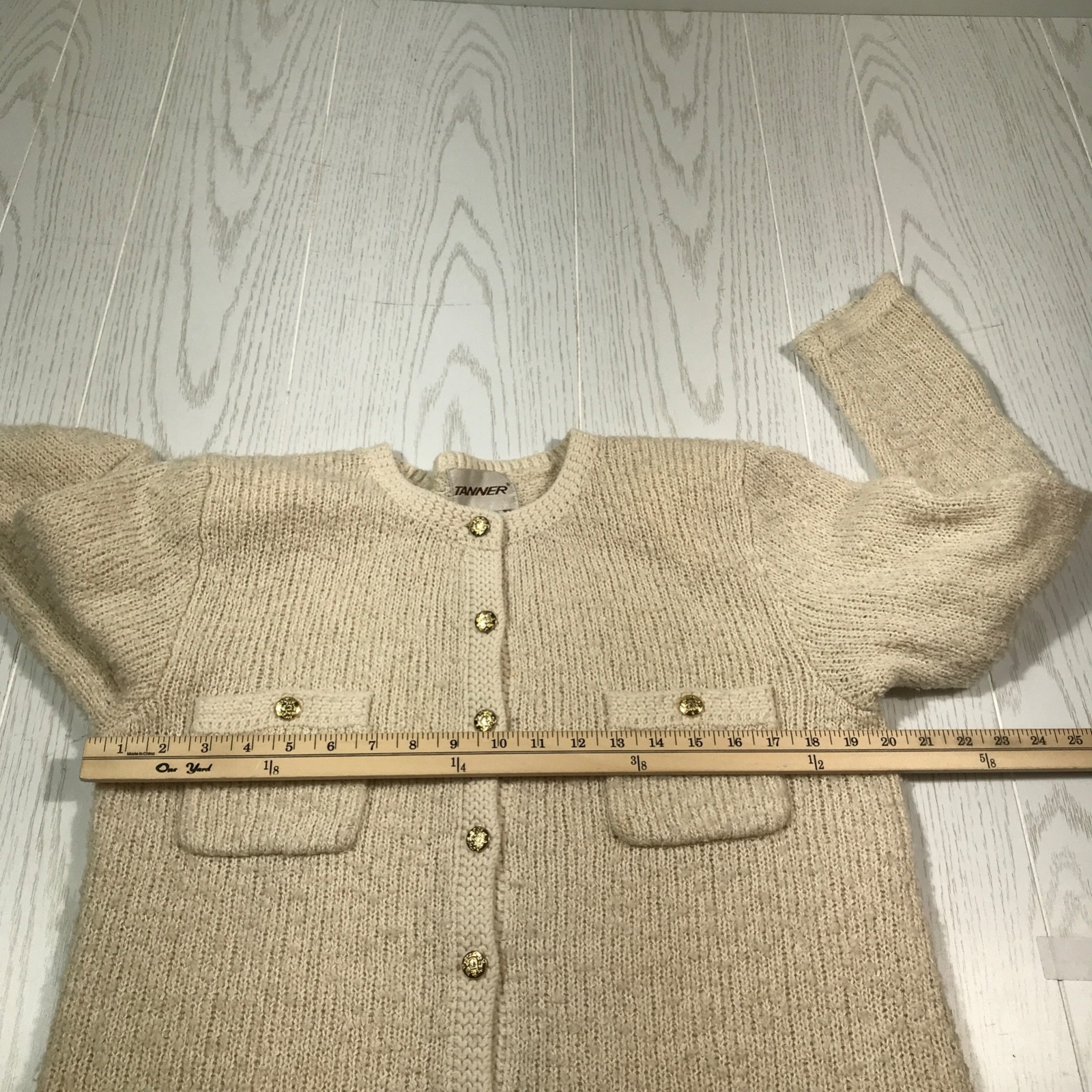 Vintage 80s Granny Sweater Women M Beige Tanner Acrylic Cardigan 4 Pockets Ugly