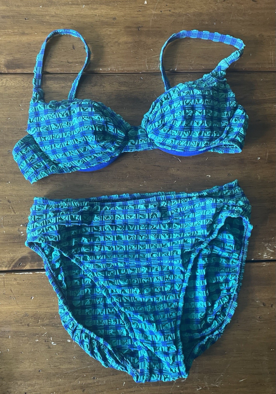 Vintage 90s Jantzen High Cut Seersucker Plaid Bikini Swimsuit 10 USA Baywatch