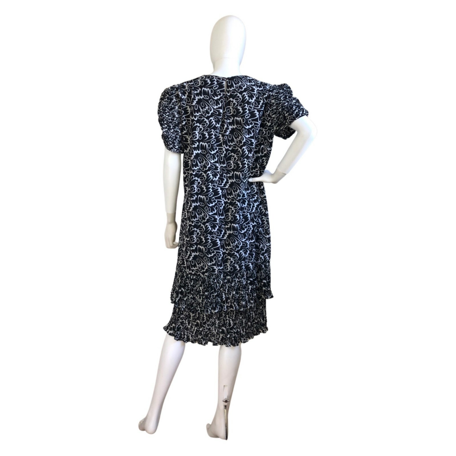 Vintage Fancy Dress 1980s New Old Stock Black White Ruffle Sleeve Hem Size Small
