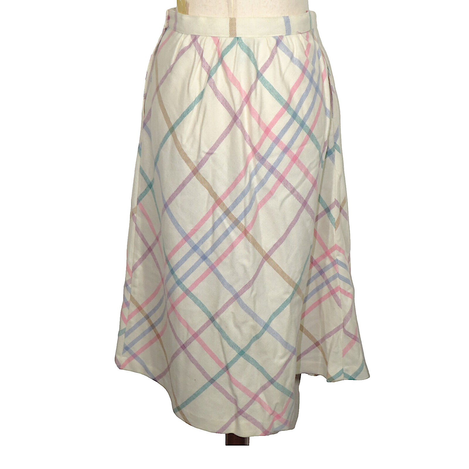 Vintage TOMBOY Poly Wool Blend Pastel Plaid Pleated Midi Skirt -Pockets- Size M