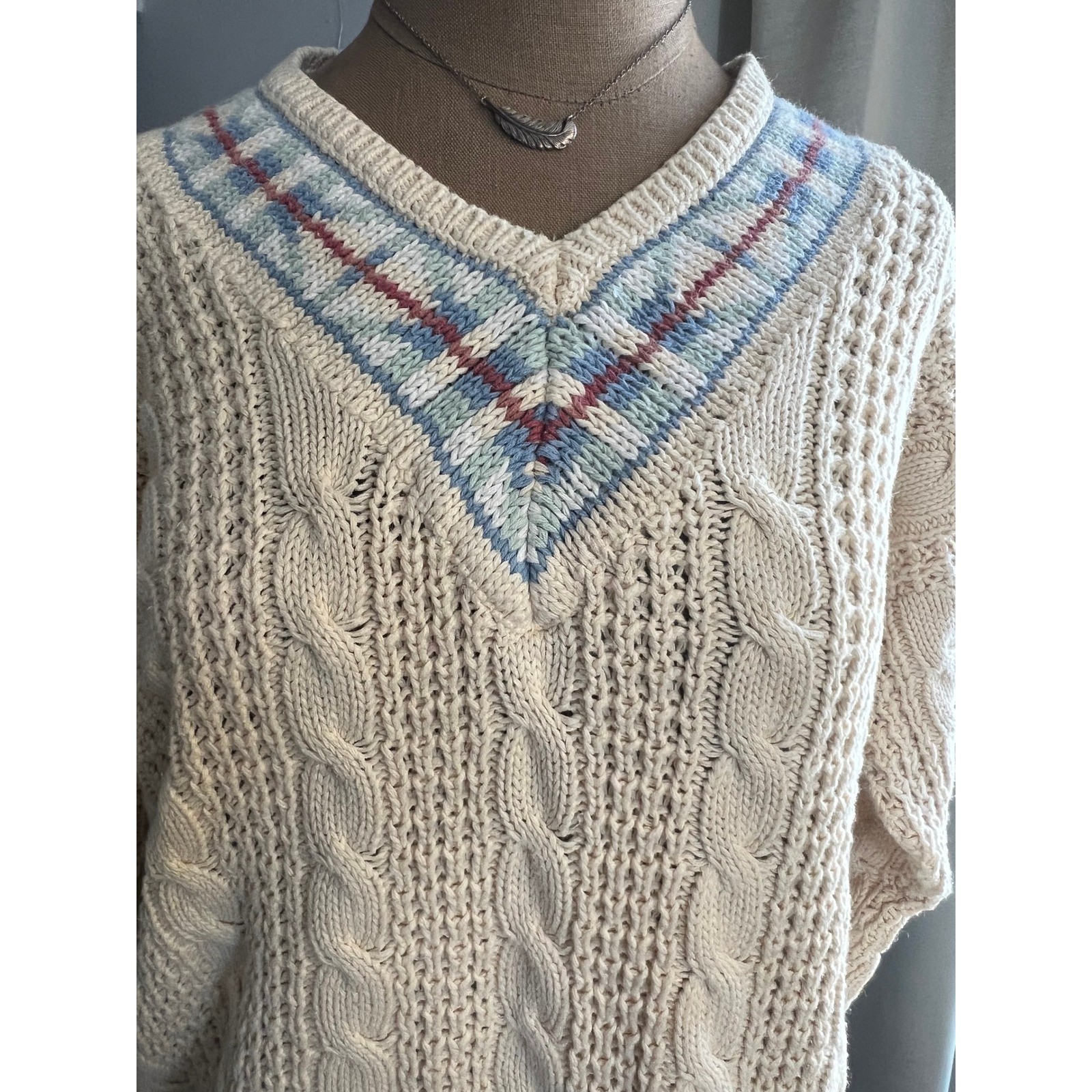 Weathervane Sweater vtg Cable Knit V-Neck Cream argyle neck SM preppy tennis
