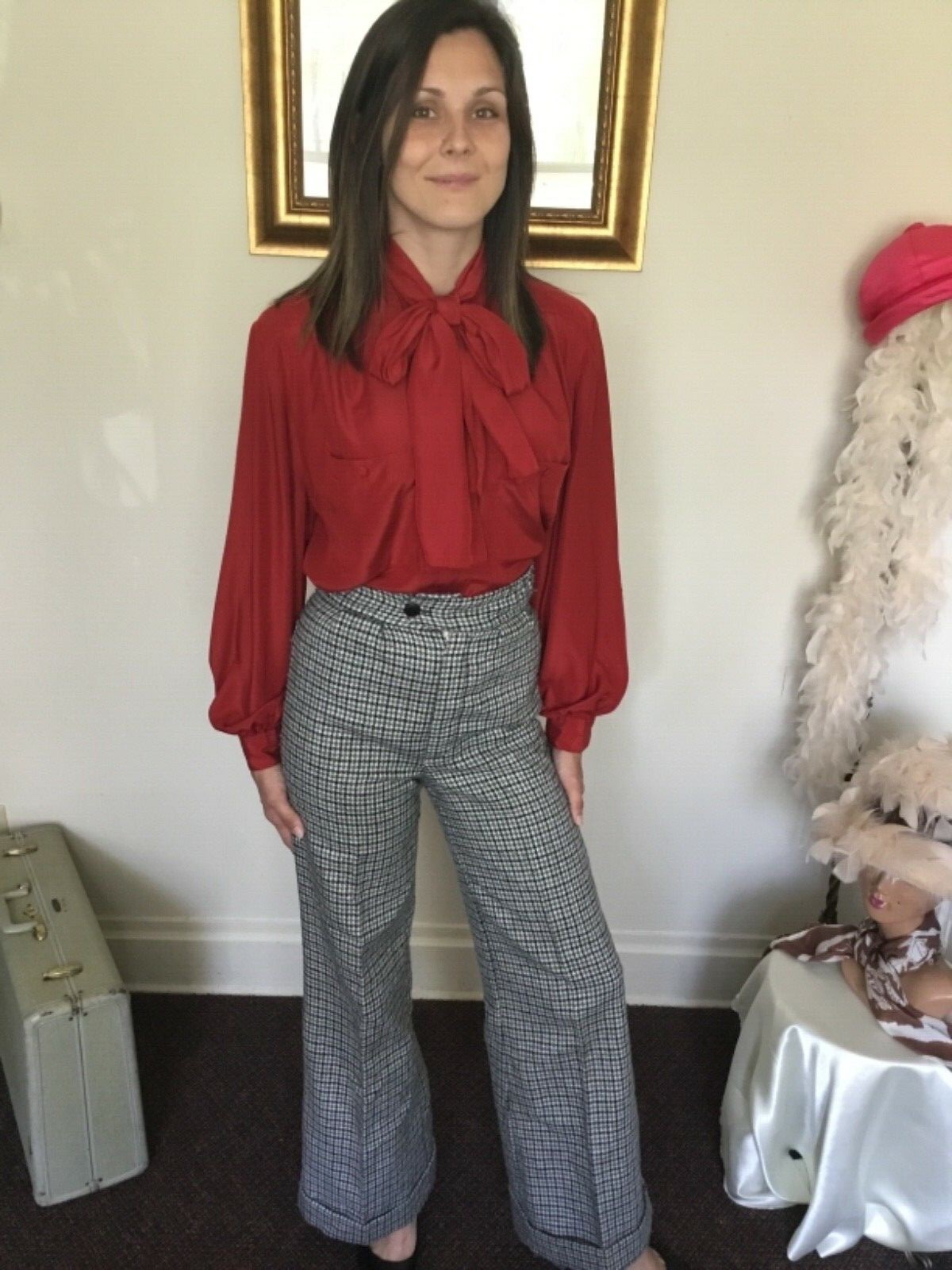 60’s Vintage Ivory Hi Rise Black Gray Hound’s-tooth Bell Bottom Pants