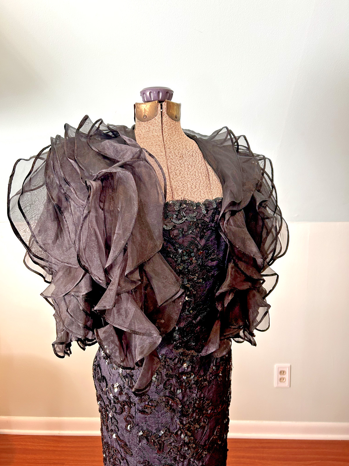 1960s 1970s Incredible Black Sequin Mermaid Gown With Statement Ruffle Bolero