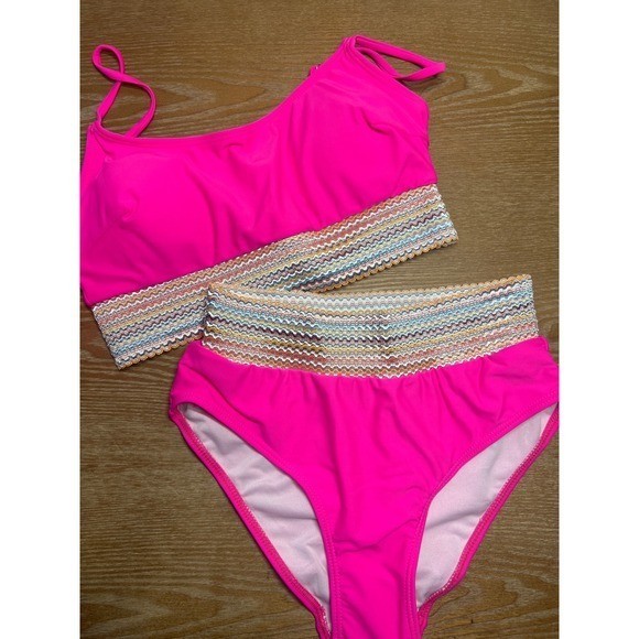 NWOT Pink High Waisted Bikini Set Multi Color Zigzag Trim Neon Swimsuit Small