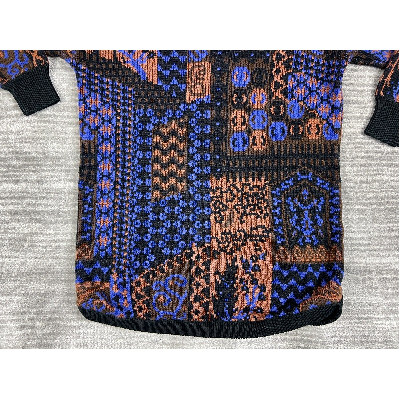 Partners by Mervyns Sweater Women Medium Blue Brown Vintage Patchwork V-Neck 80s
