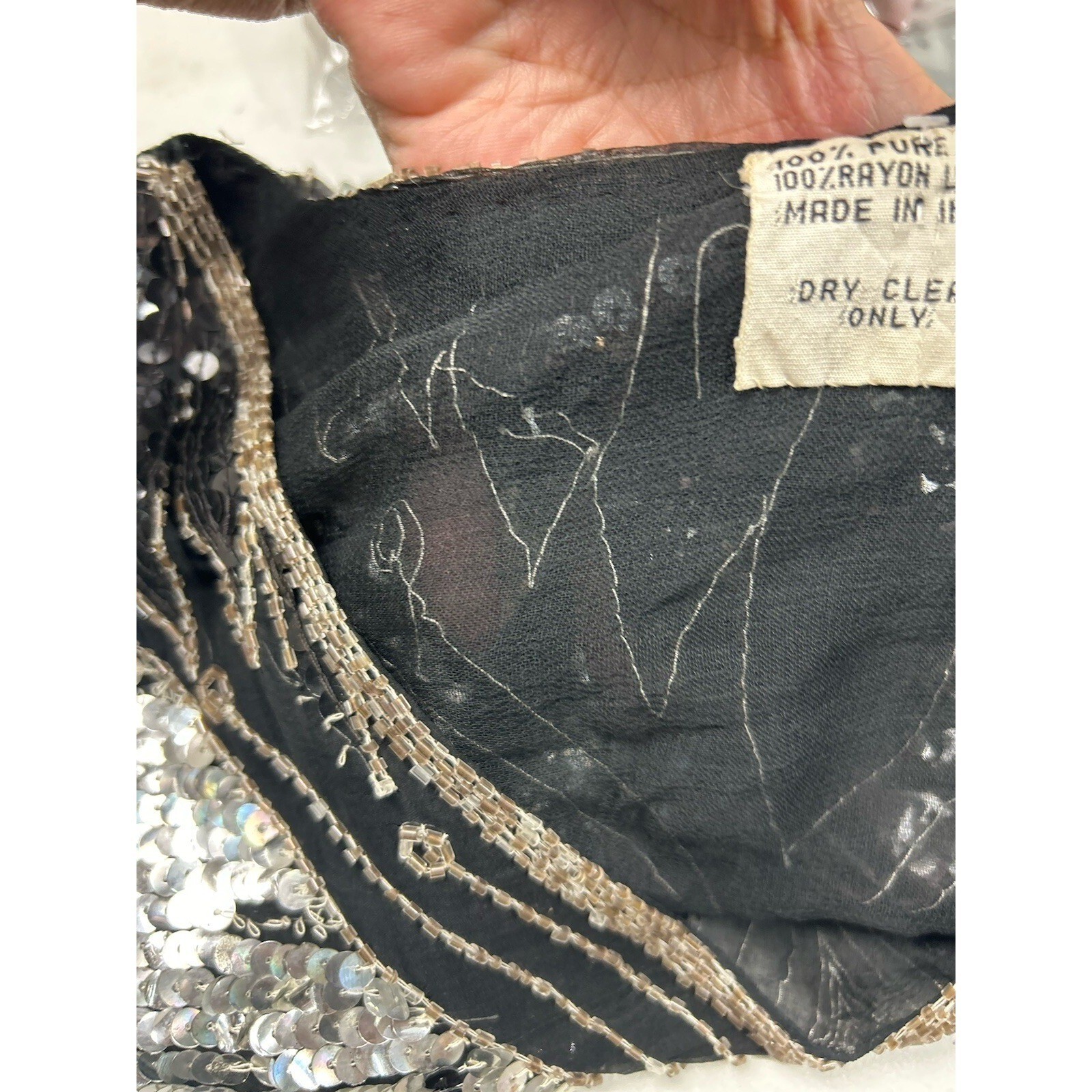 Vintage Butterfly Sequin Silk Top OS Black Silver Beaded Glam Art Deco Gatsby
