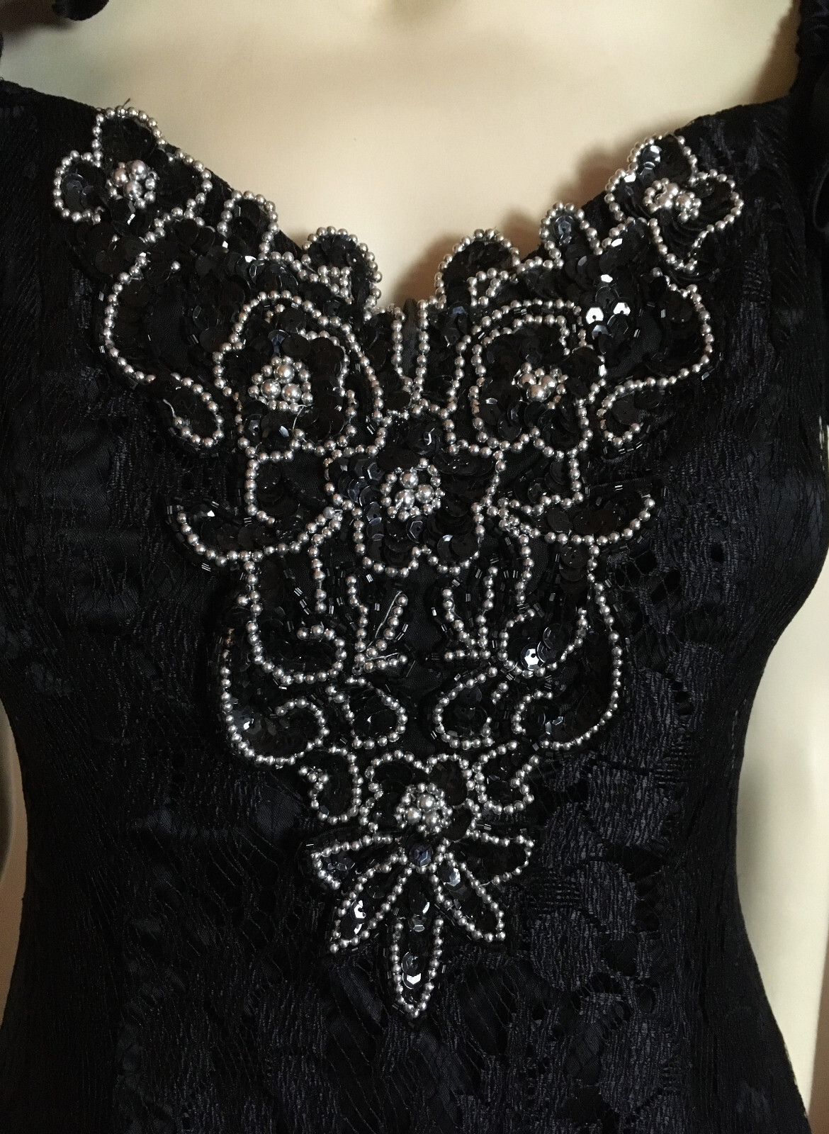 1980s 90sTrue Vintage Black Lace Ruffle Shoulder Beaded Party Prom Dress S 3-4