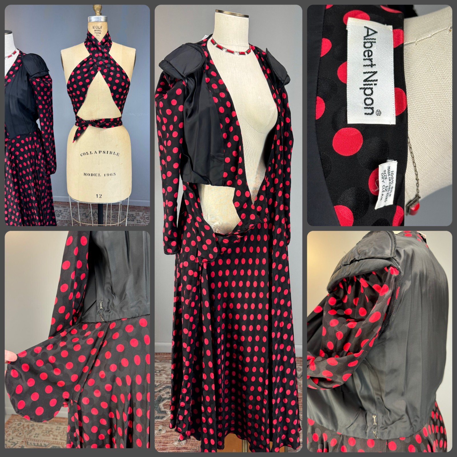 80s Silk Designer Wrap Shirt Dress Albert Nipon Polka Dot Red Black 200+ sweep!!