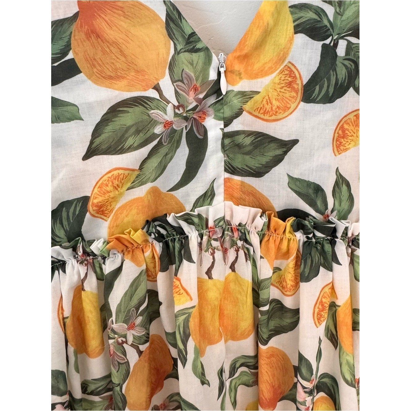 English Factory Lemon Floral Printed Tie Shoulder Tiered Ruffle Dress M Retro