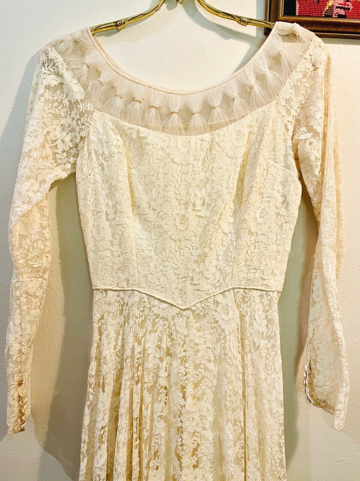 VTG 50’S OFF WHITE LACE&TULLE PEARLS NEW LOOK CIRCLE SKIRT WEDDING DRESS *XXS/XS