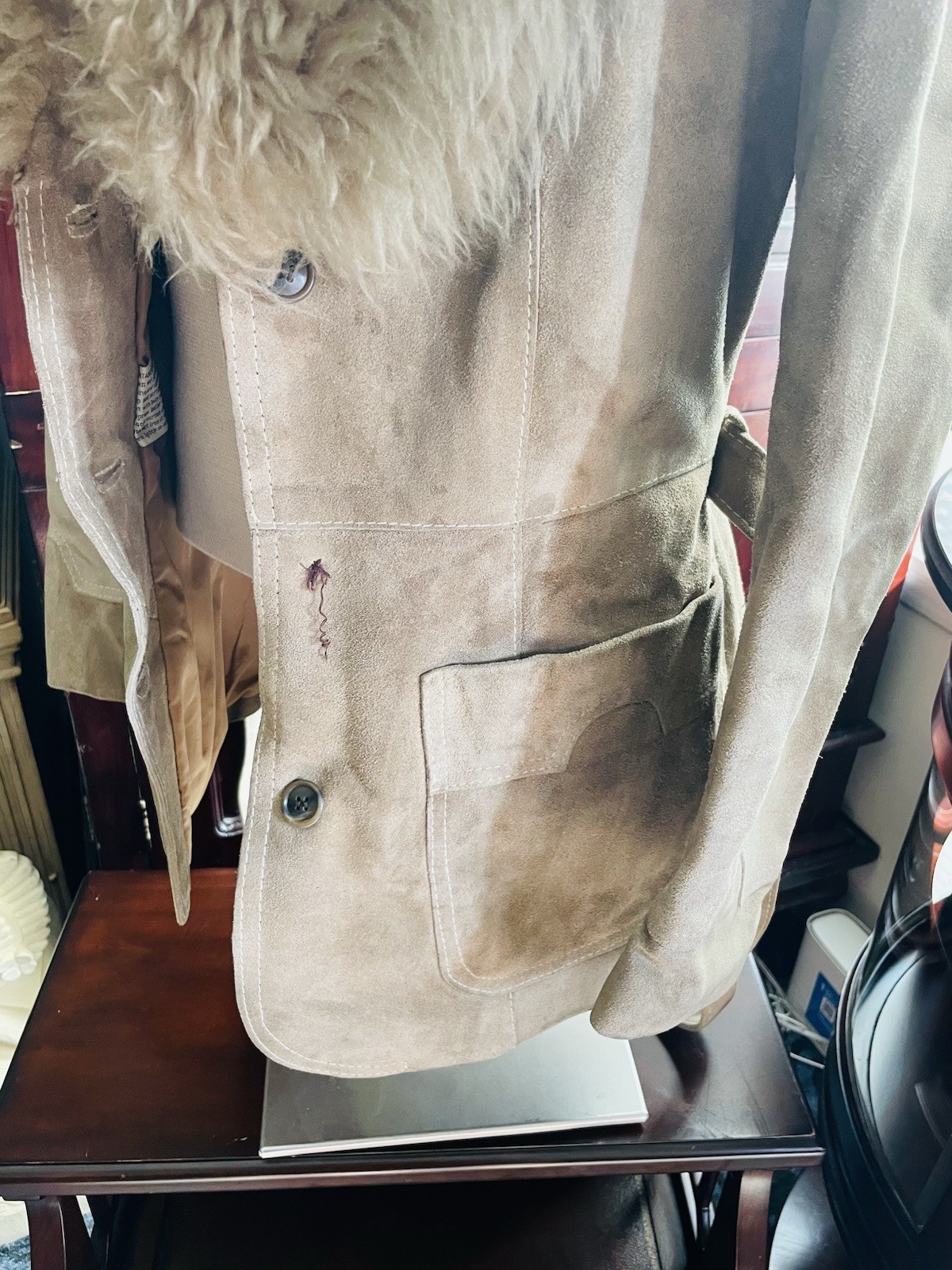 Suede Leather Jacket with Faux Fur Collar