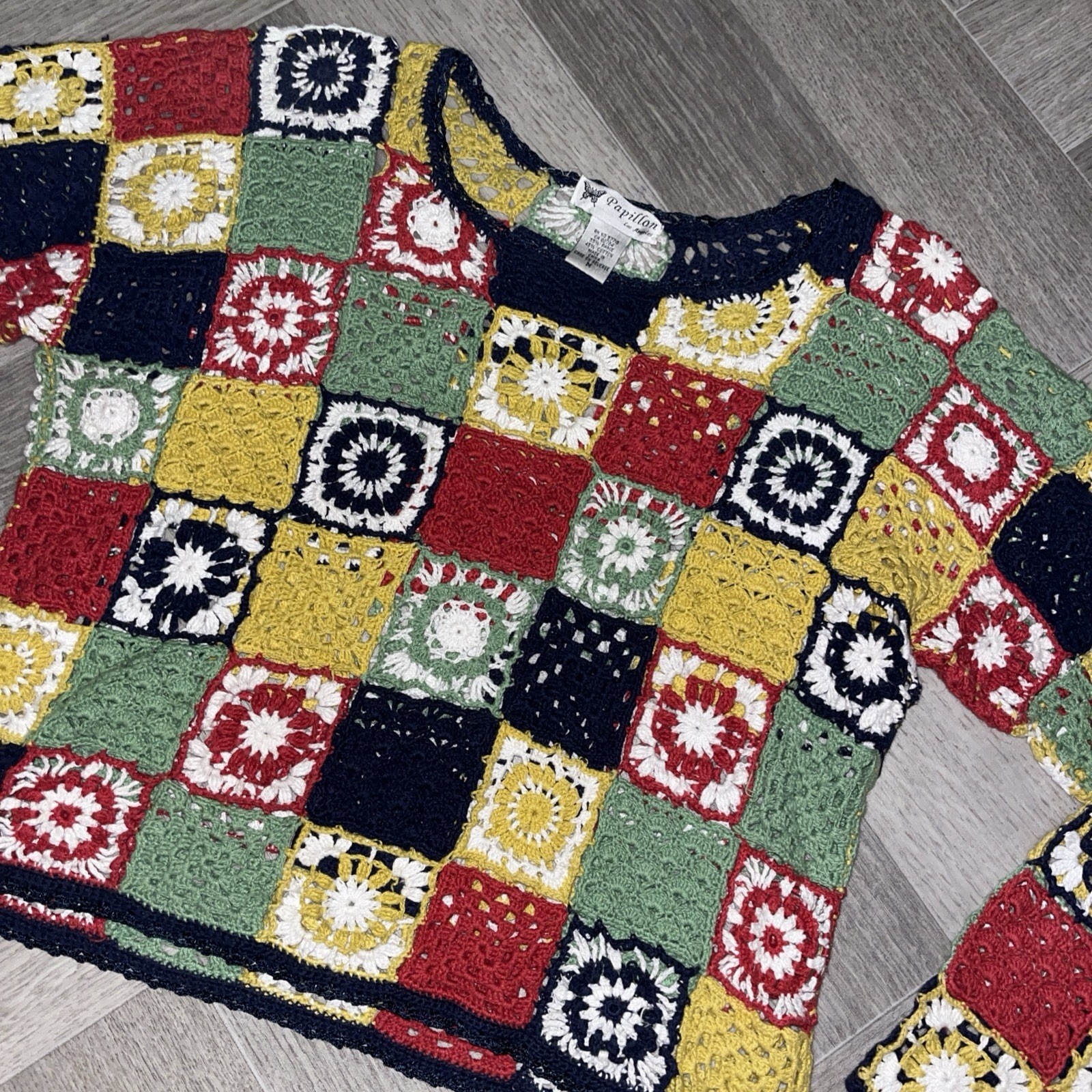 Papillon Los Angeles Crochet Granny Square Long Sleeve Top Vintage Multi Sz Med