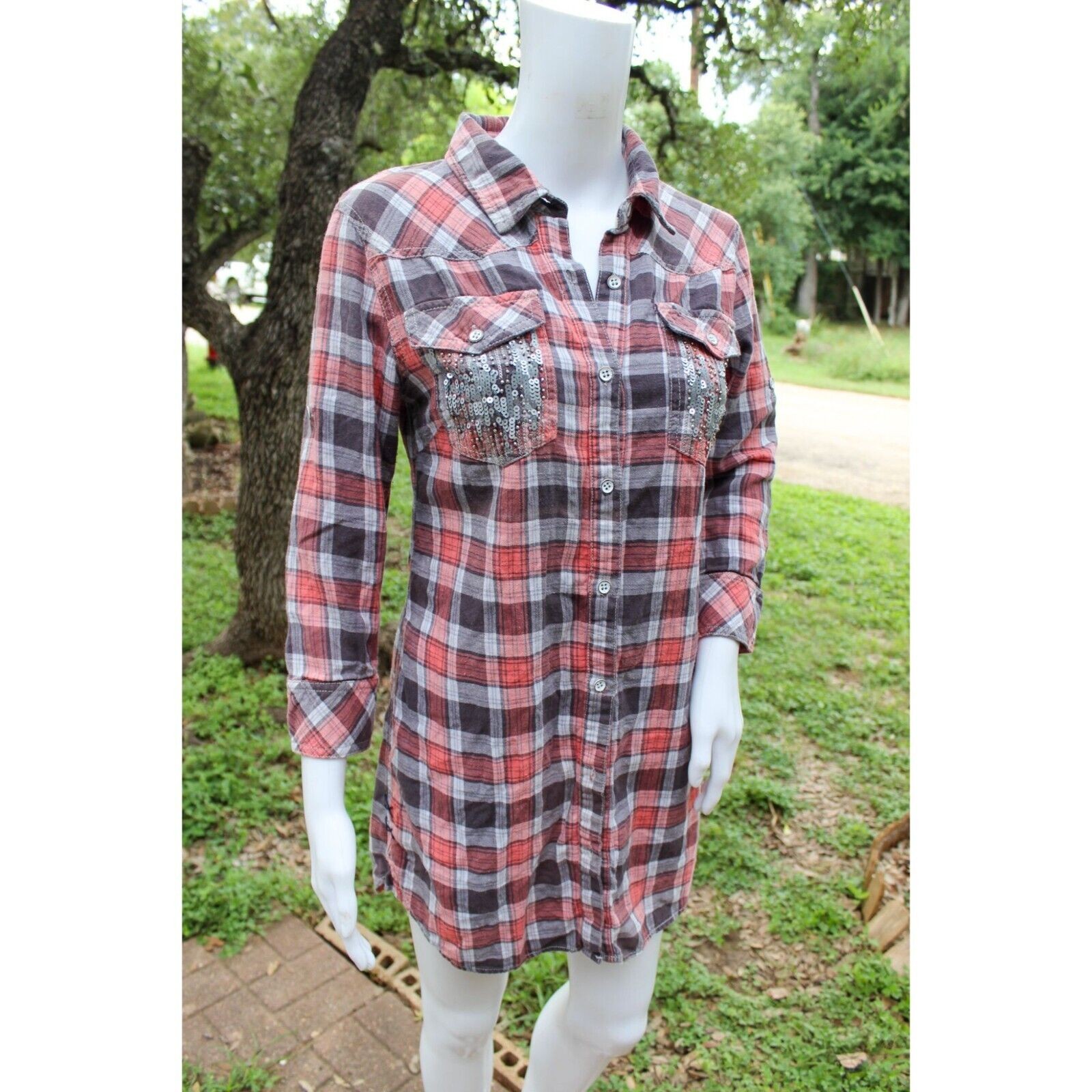 Y2K Vintage Miss Me Plaid Button-Down Shirt Dress W/ Sequin Pockets Size S