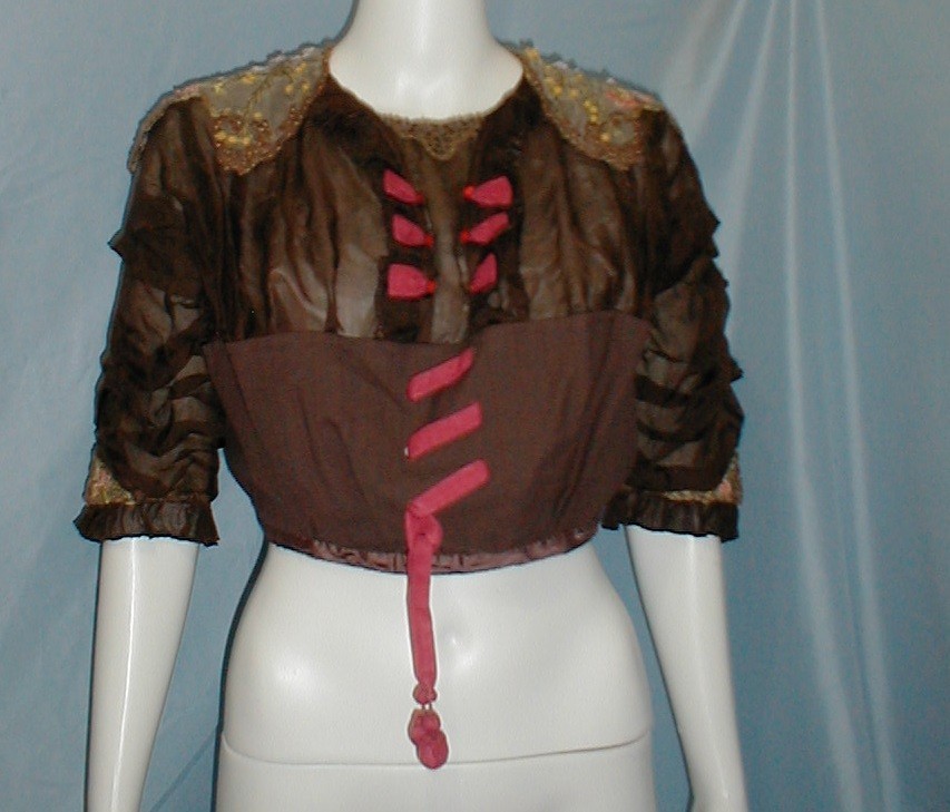 Stunning Antique Dress Blouse Edwardian 1913 Brown Silk Chiffon Fancy Trim