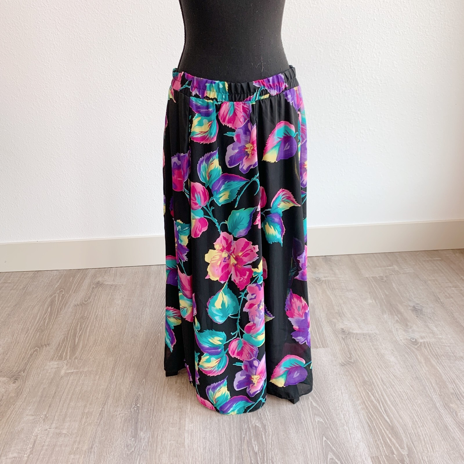 Vintage 80s Diana Hartman Polyester Nylon Elastic Waist Floral Long Skirt 14 16