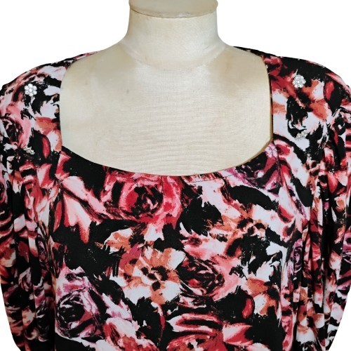 Adrienne Vittadini 2X Blouse Pink Black Floral Rhinestone Accent Stretch Top