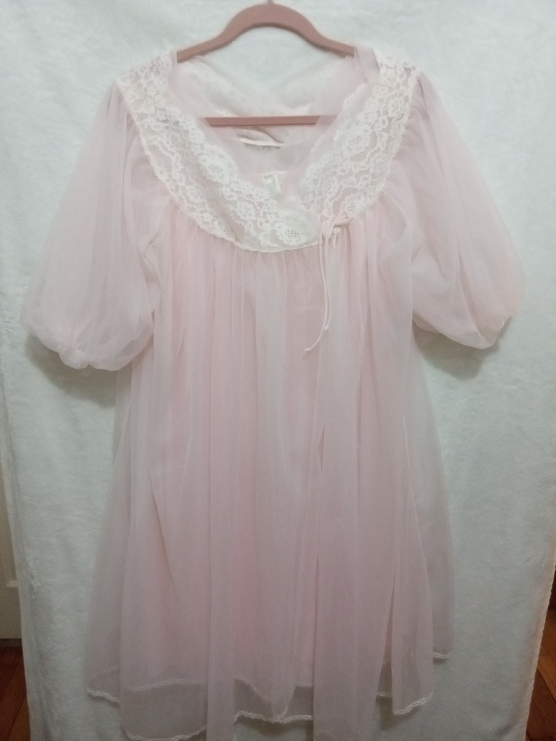 Vintage Ballet Pink Sheer Piegnoir Set Nightgown Robe Lace Trim Medium 1960s