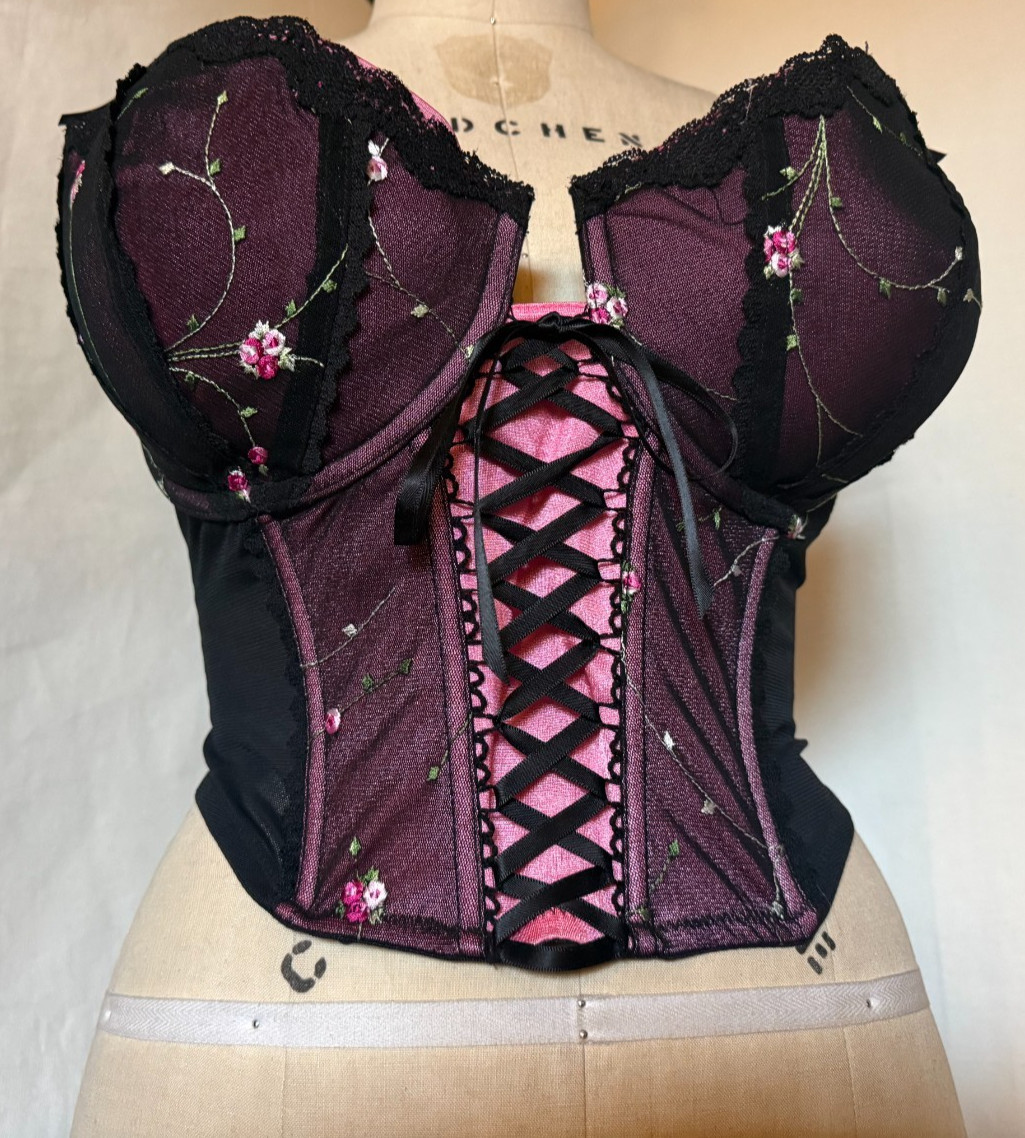 LACE FRONT CORSET BUSTIER „ENCHANTED” SHEER BLACK NYLON w EMBROIDERED CUPS 42DD