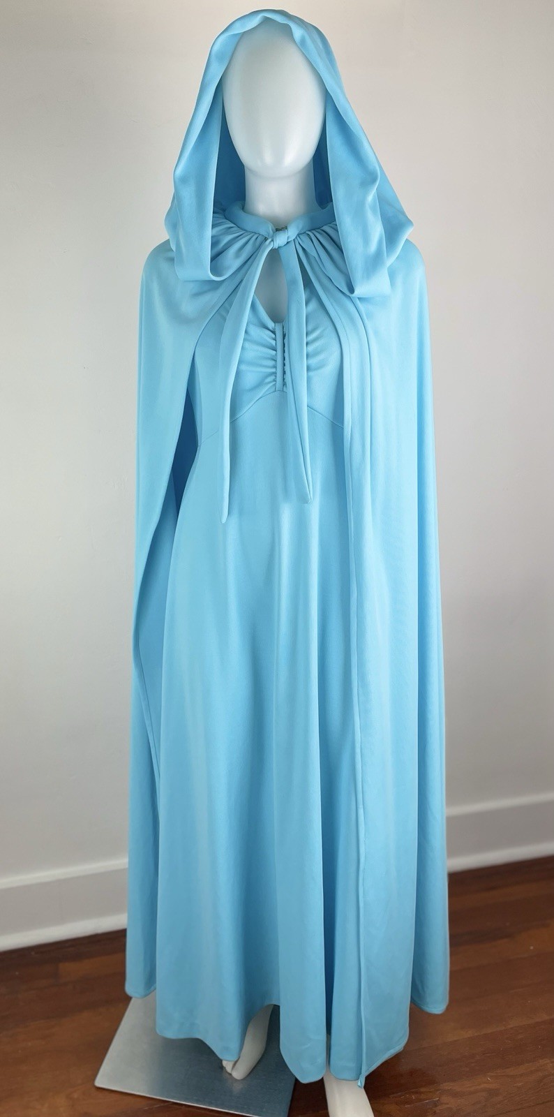 Vintage 60s 70s Dress & Hooded Cloak Cape Aqua Blue Matching Set 2 Piece Size 10