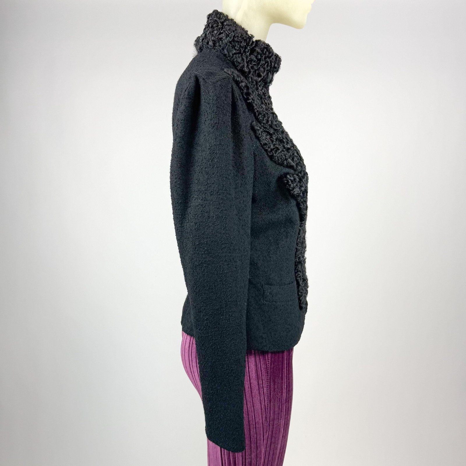 Antique Victorian Mourning Jacket Black Wool Astrakhan Fur High Collar Gothic XS