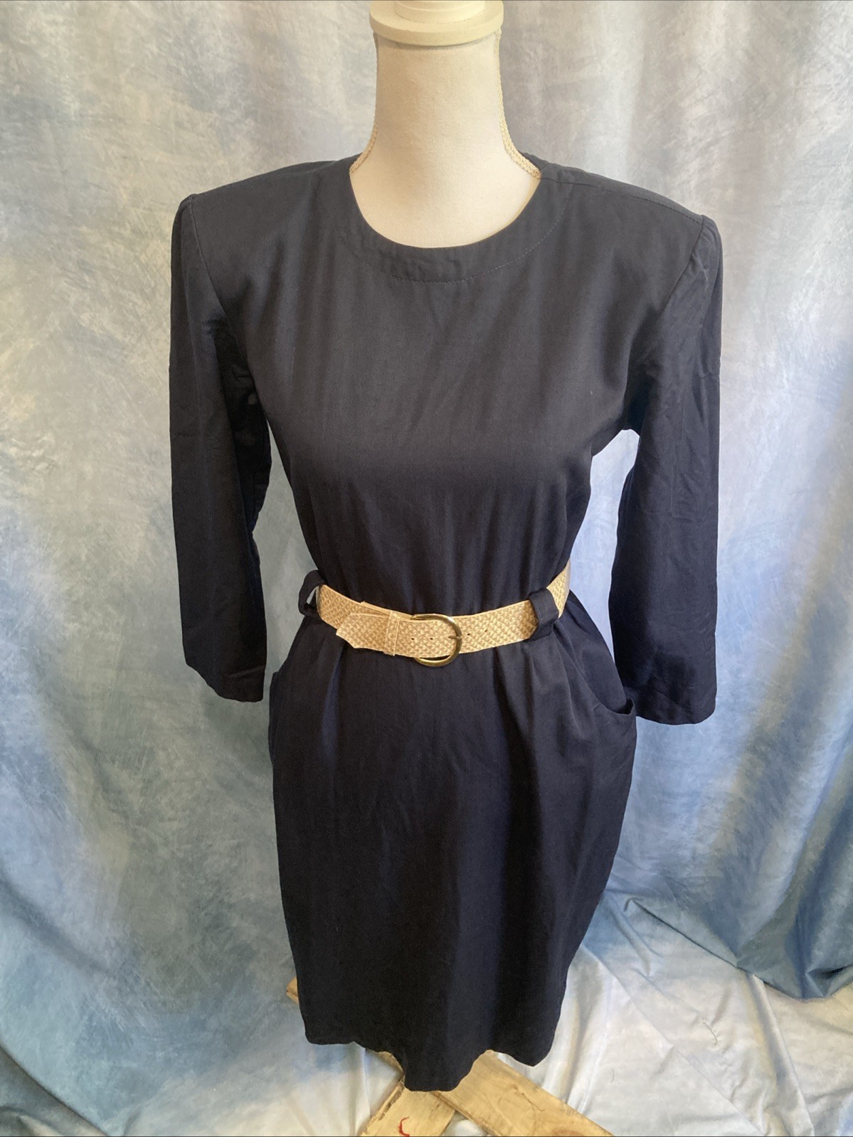Vtg 80s Betsys Things Navy Dress 7-8 Buttons Midi Pockets Belt USA Shoulder Pads