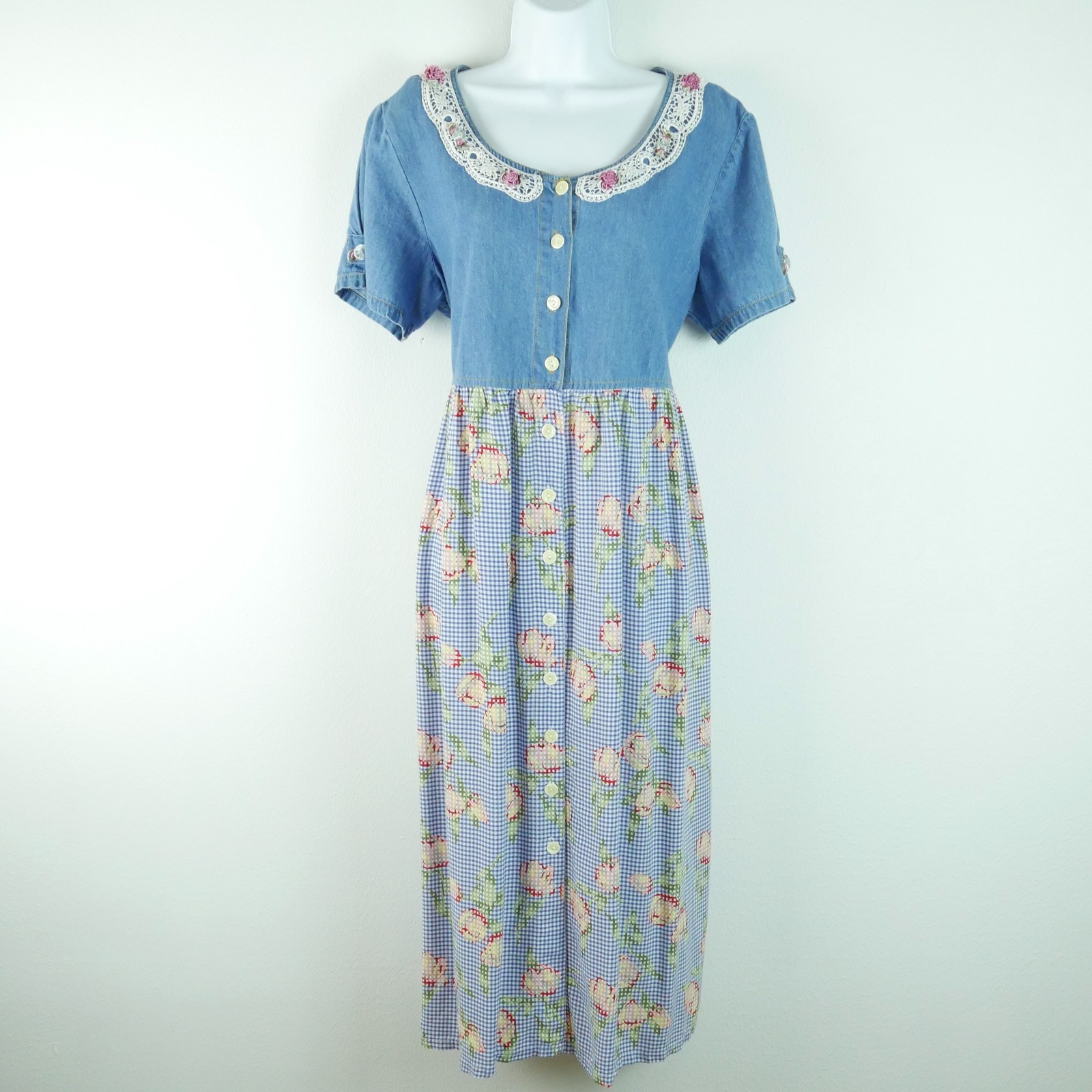 Vintage 90s Grunge Prairie Dress Chambray Floral Gingham Lace Teacher 16 P