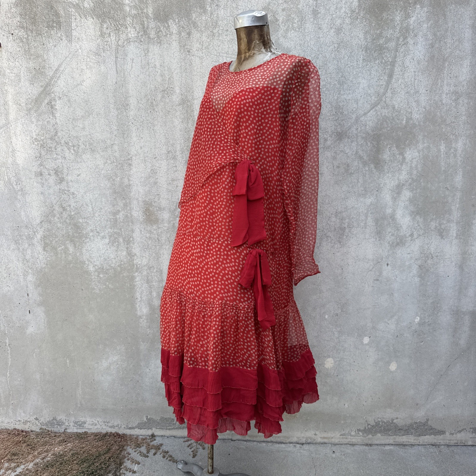 Antique 1920s Red Silk Chiffon Dress Polka Dot Asymmetrical Bow Marjone Vintage