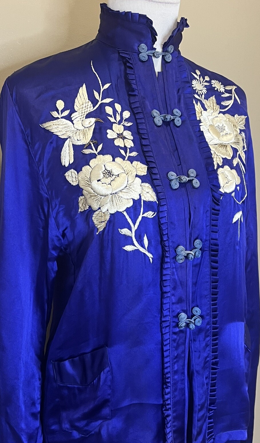 Vtg 50s Japan Quilted Jacket Lounge Set Embroidered Blue Satin Sun Bros Asian