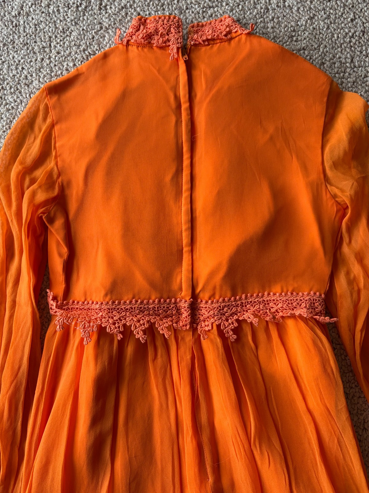 Vintage 70s Orange Boho Prairie Maxi Dress Lace Keyhole Festival S Chic Glam
