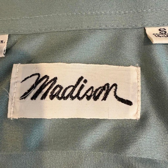 Madison Vintage 70s Sage Green Nylon Disco Shirt Dagger Collar Blouse Womens S