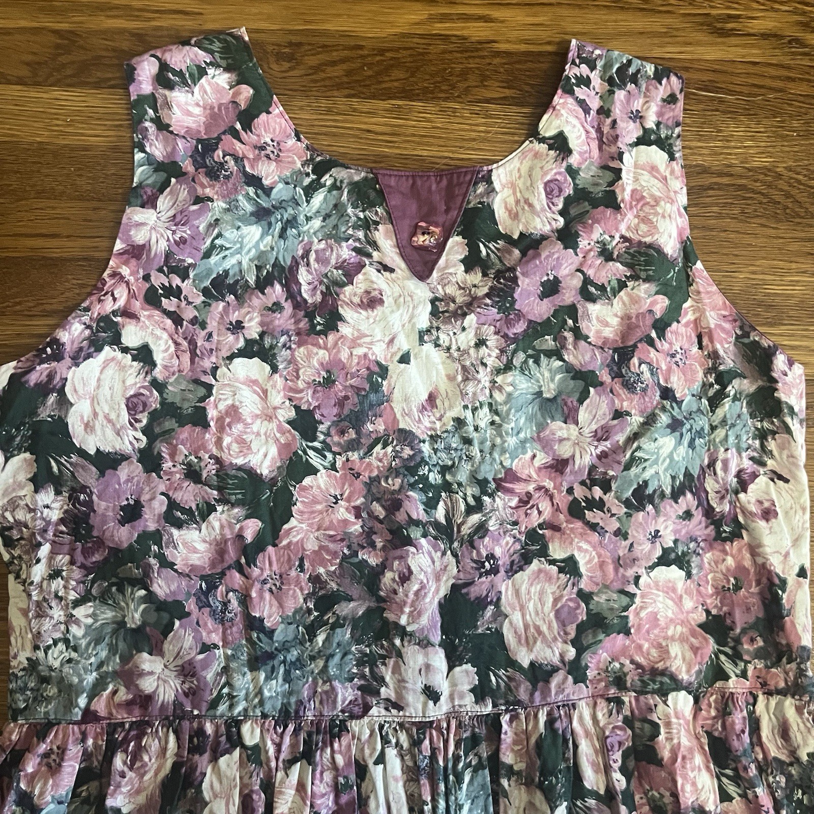 VTG Country Floral Jumper Dress Midi Mauve Rose Trad Cottage Prairie M L Cotton