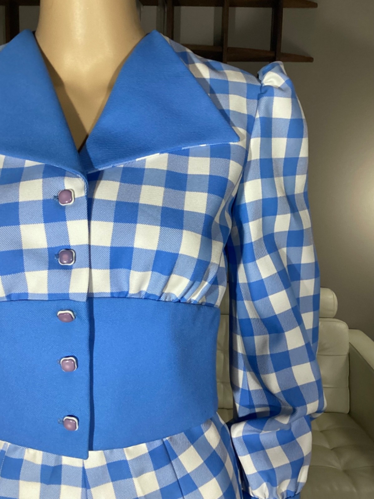 Vintage 1970’s Blue & White Check Cropped Button Up Top & Wide Leg Pants Set