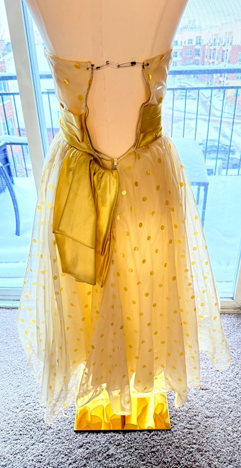 Vintage 1950s White Dress Yellow Polka Dots Tulle Chiffon Union Made