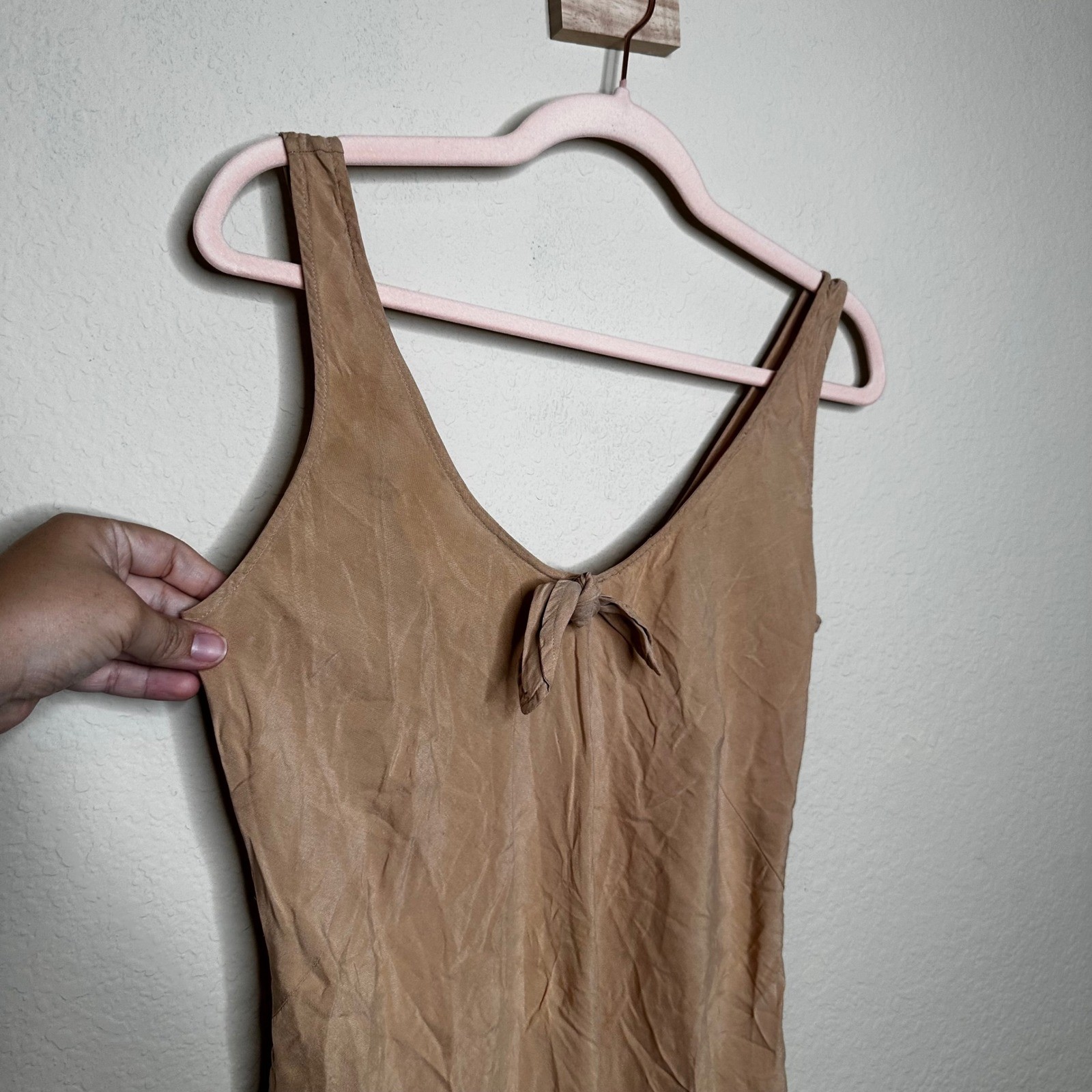 Victoria’s Secret Vintage Gold Label 100% Silk Tie Front Slip Dress Romper Tan P