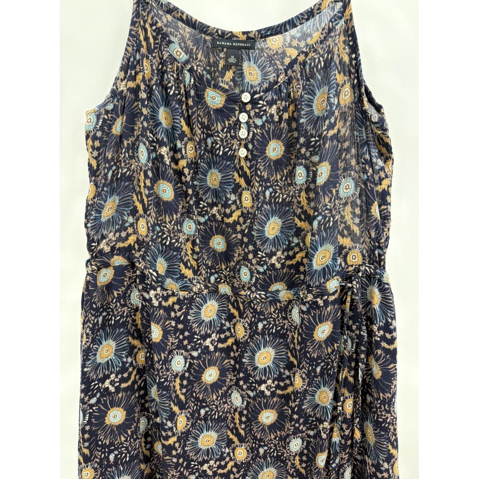 Vtg Banana Republic Navy Blue Floral Sunburst Cotton Midi Dress Size 14
