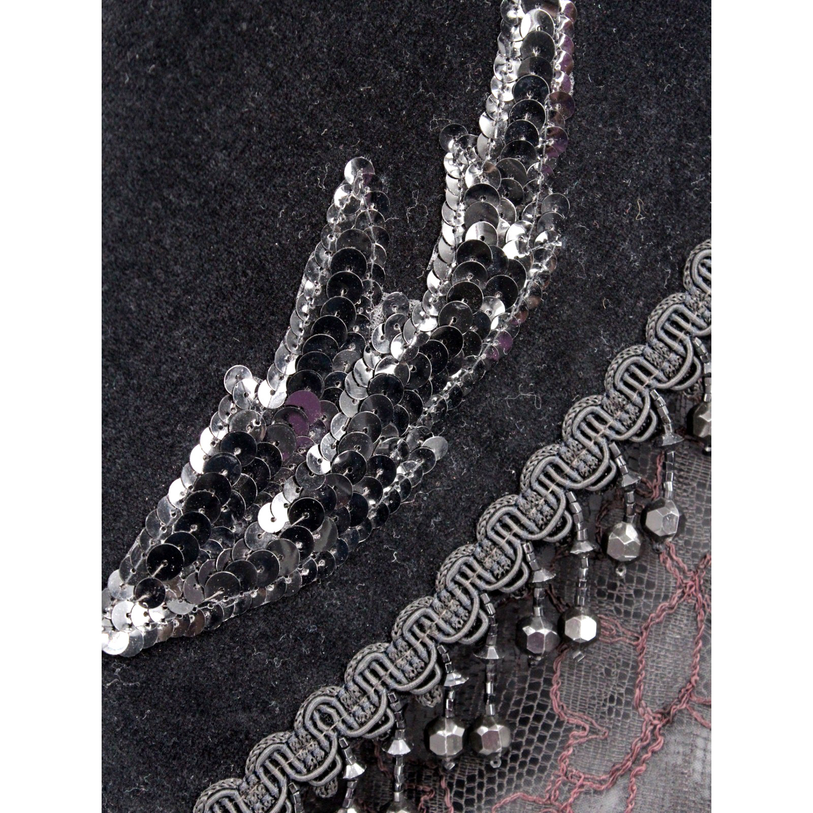 Sue Wong Bolero Jacket Medium Black Burgundy Lace Velvet Sequin Beaded Fringe